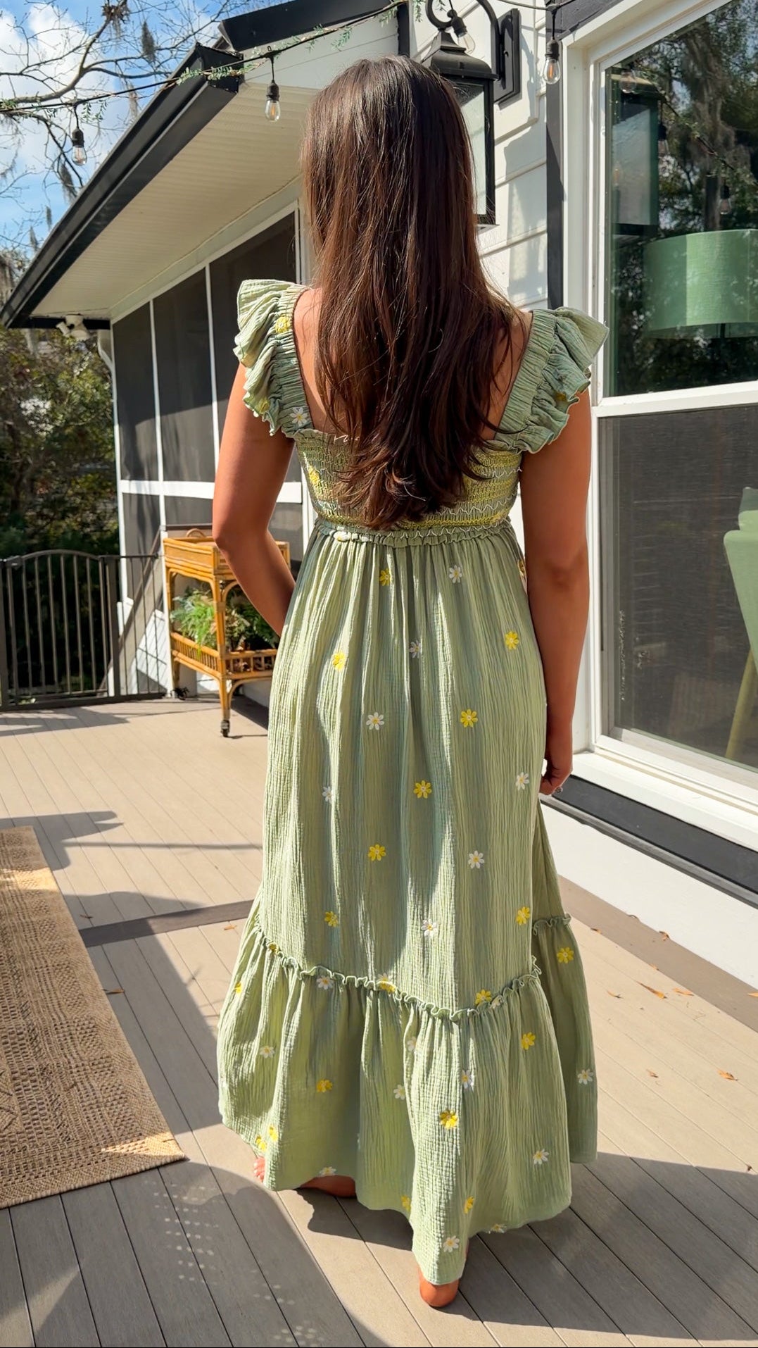 sage green floral embroidered smocked midi dress with ruffle straps and tiered skirt