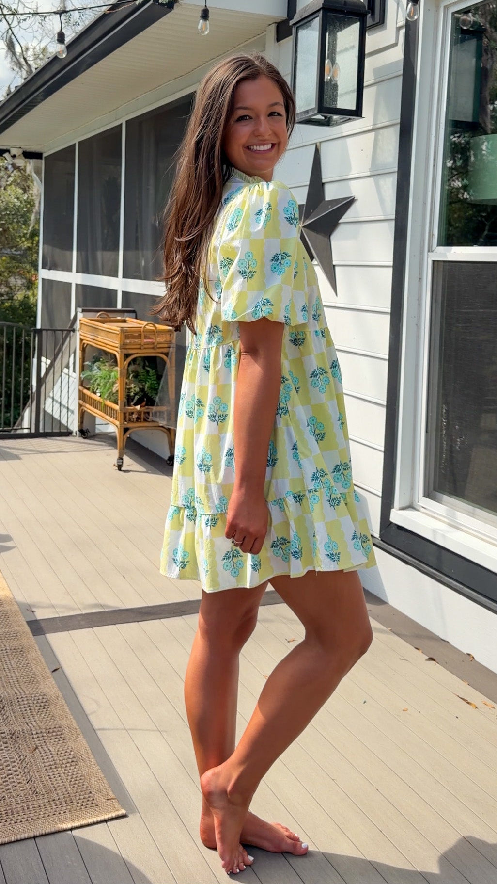 yellow checker floral bubble sleeve tiered mini dress with ruffle front detail