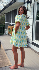 yellow checker floral bubble sleeve tiered mini dress with ruffle front detail