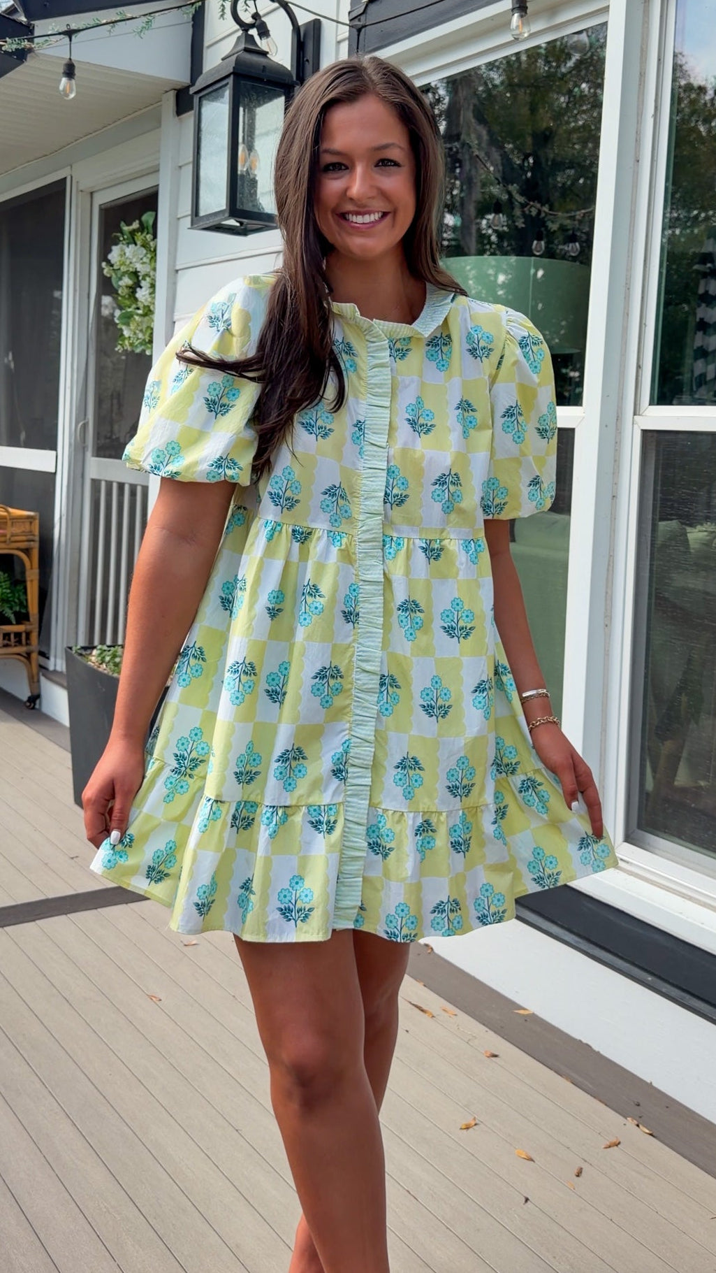 yellow checker floral bubble sleeve tiered mini dress with ruffle front detail