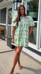 yellow checker floral bubble sleeve tiered mini dress with ruffle front detail
