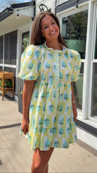 yellow checker floral bubble sleeve tiered mini dress with ruffle front detail