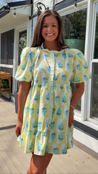 yellow checker floral bubble sleeve tiered mini dress with ruffle front detail