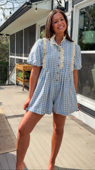 Blue gingham puff sleeve romper with lace trim and ruffle collar