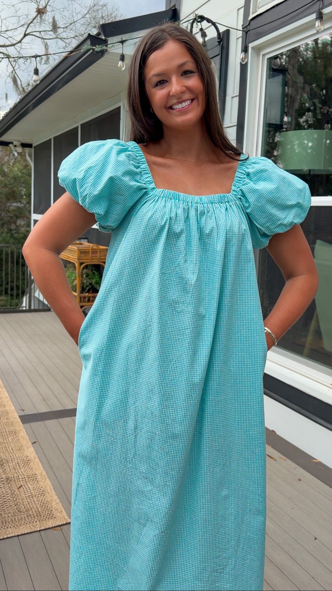 Seafoam gingham puff sleeve midi dress with square neckline and pockets