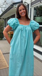 Seafoam gingham puff sleeve midi dress with square neckline and pockets