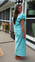 Seafoam gingham puff sleeve midi dress with square neckline and pockets