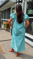 Seafoam gingham puff sleeve midi dress with square neckline and pockets