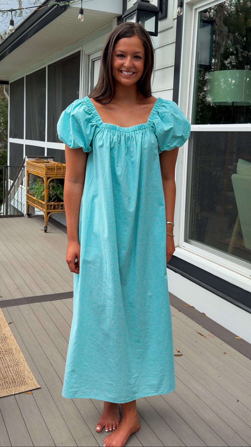 Seafoam gingham puff sleeve midi dress with square neckline and pockets