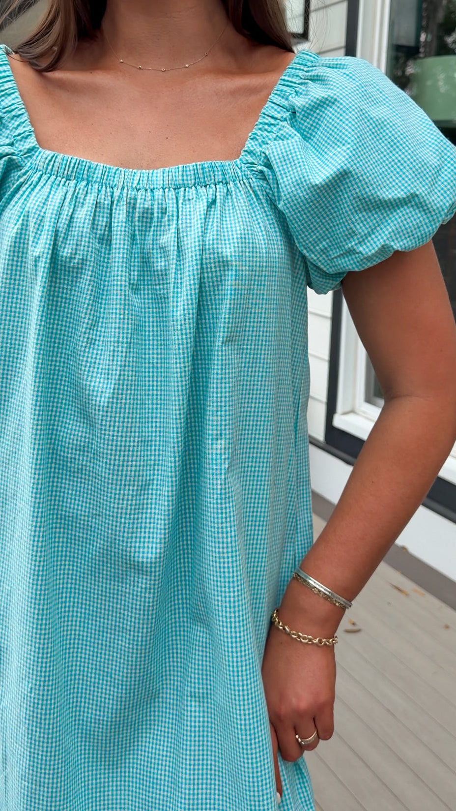 Seafoam gingham puff sleeve midi dress with square neckline and pockets