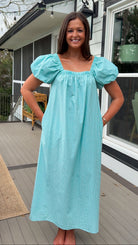 Seafoam gingham puff sleeve midi dress with square neckline and pockets