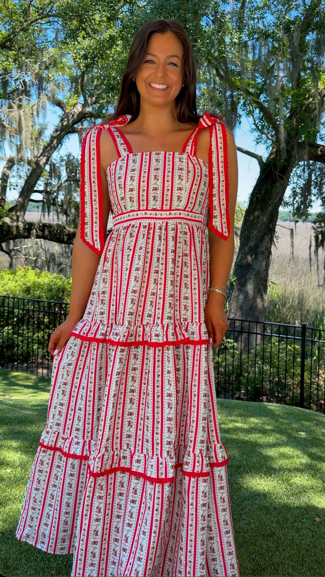 Scarlett Red Stripe Floral Tiered Maxi Dress