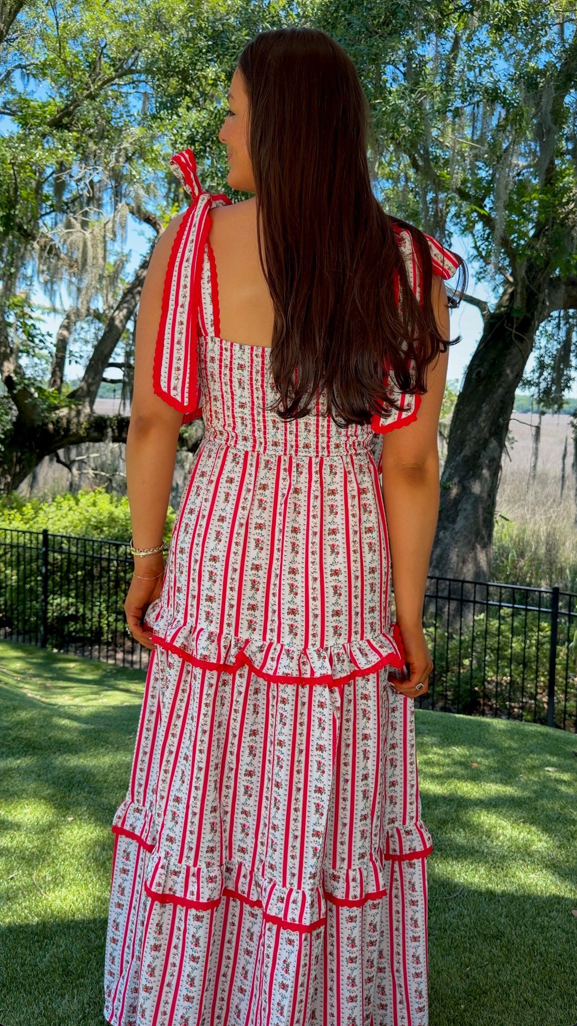 Scarlett Red Stripe Floral Tiered Maxi Dress