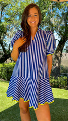 blue striped mini collared dress with puff sleeves and lime scallop trim 