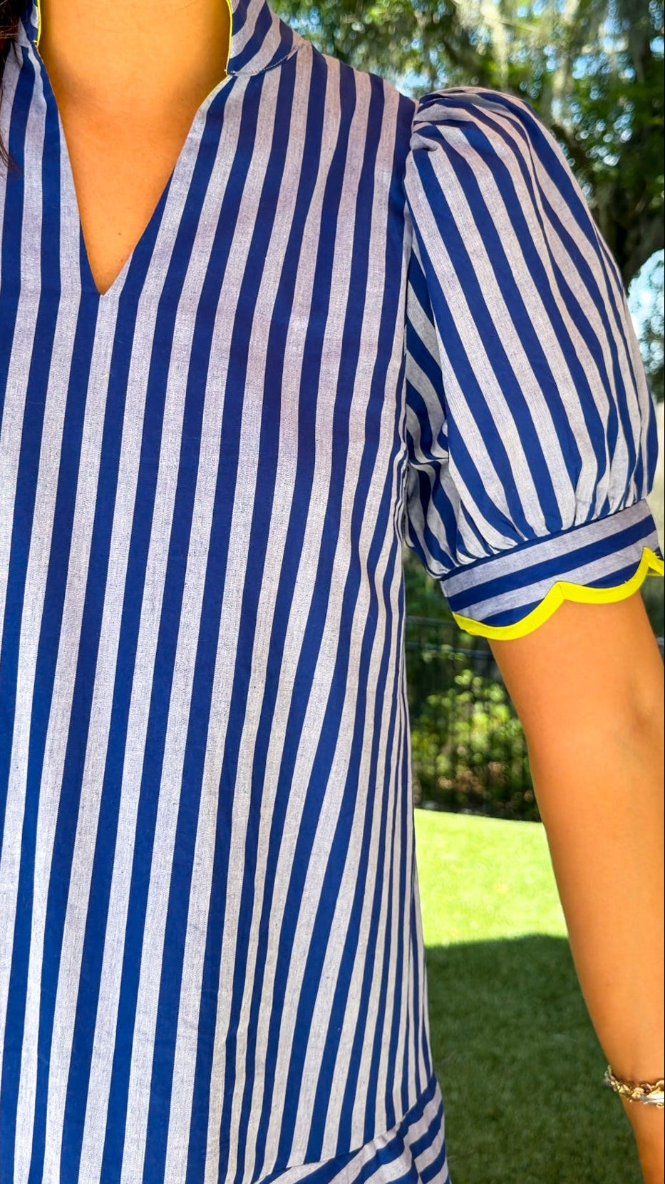 blue striped mini collared dress with puff sleeves and lime scallop trim 