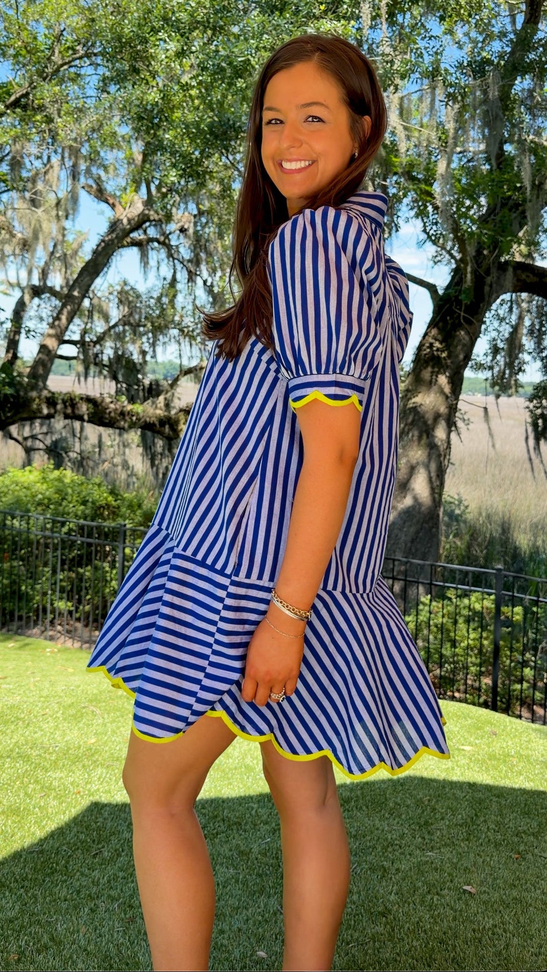 blue striped mini collared dress with puff sleeves and lime scallop trim 