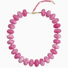 A pink beaded necklace with glossy, disc-shaped beads in varying shades of pink, featuring a gold clasp and a matching pink cord at the top, shown on a plain white background.