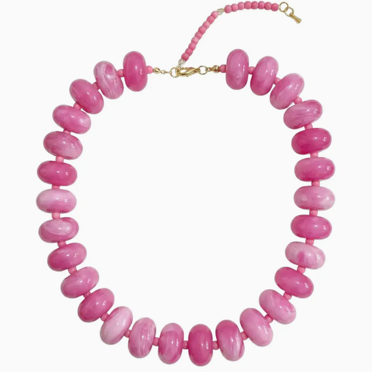 A pink beaded necklace with glossy, disc-shaped beads in varying shades of pink, featuring a gold clasp and a matching pink cord at the top, shown on a plain white background.