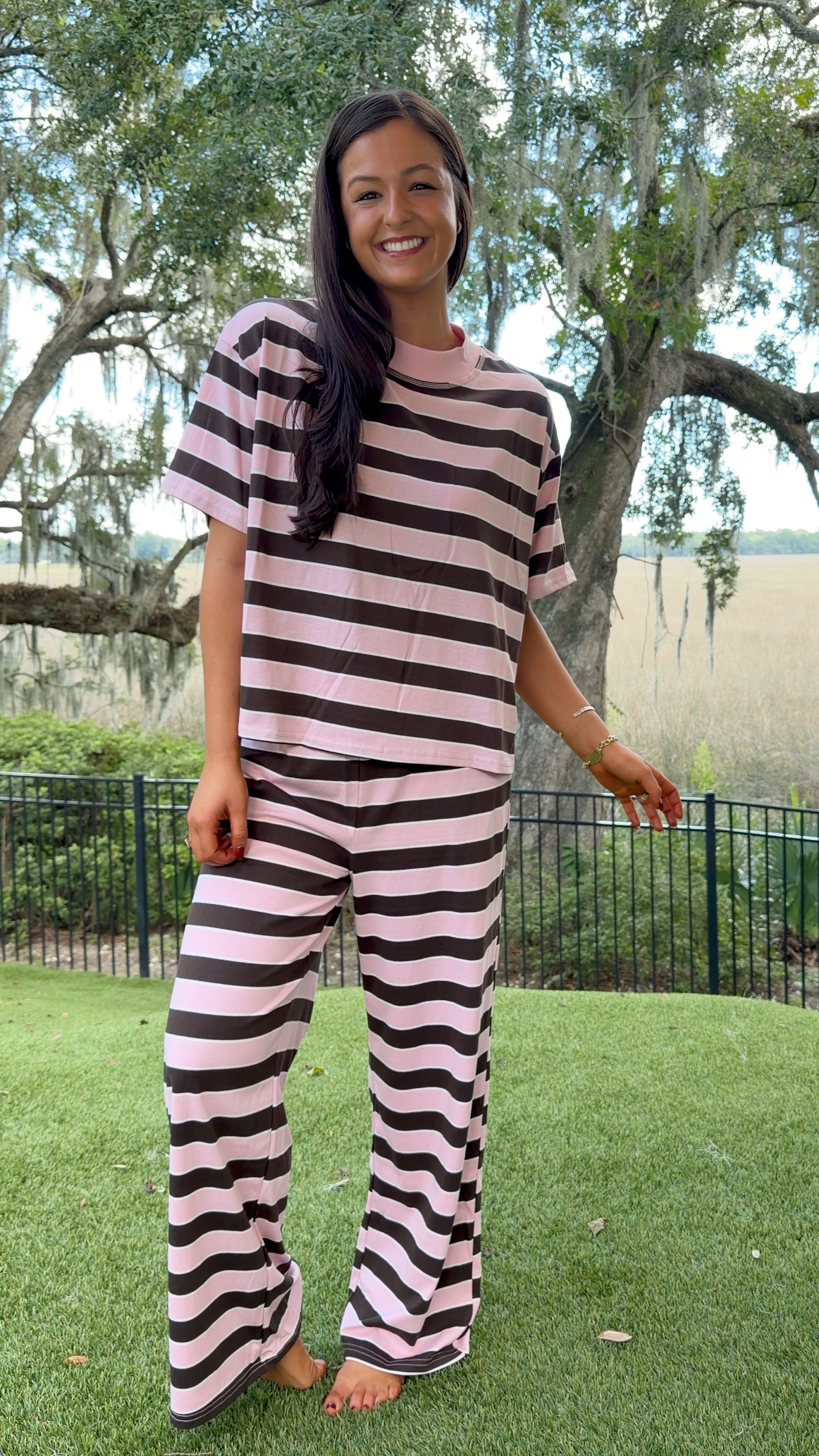 Pink & Brown Stripe Pant Set