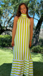 lime and white striped halter neck midi dress