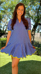 blue striped mini collared dress with puff sleeves and lime scallop trim 