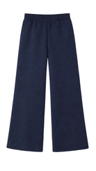 A pair of navy blue wide-leg sweatpants with an elastic waistband, shown flat against a plain white background.