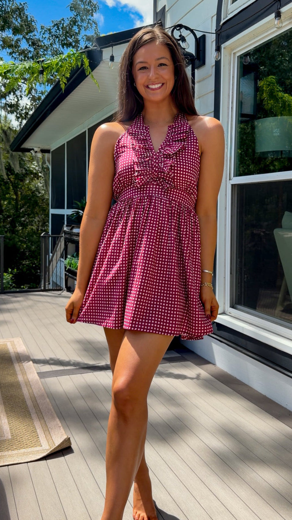 burgundy gingham halter neck mini dress with ruffle detail stretch elastic open back dress