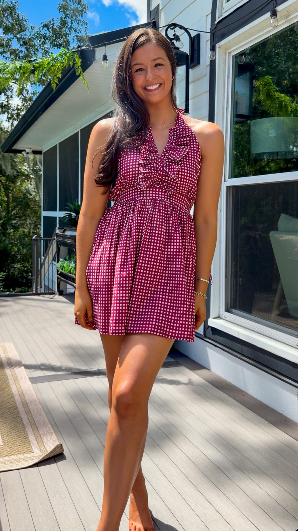burgundy gingham halter neck mini dress with ruffle detail stretch elastic open back dress