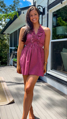 burgundy gingham halter neck mini dress with ruffle detail stretch elastic open back dress
