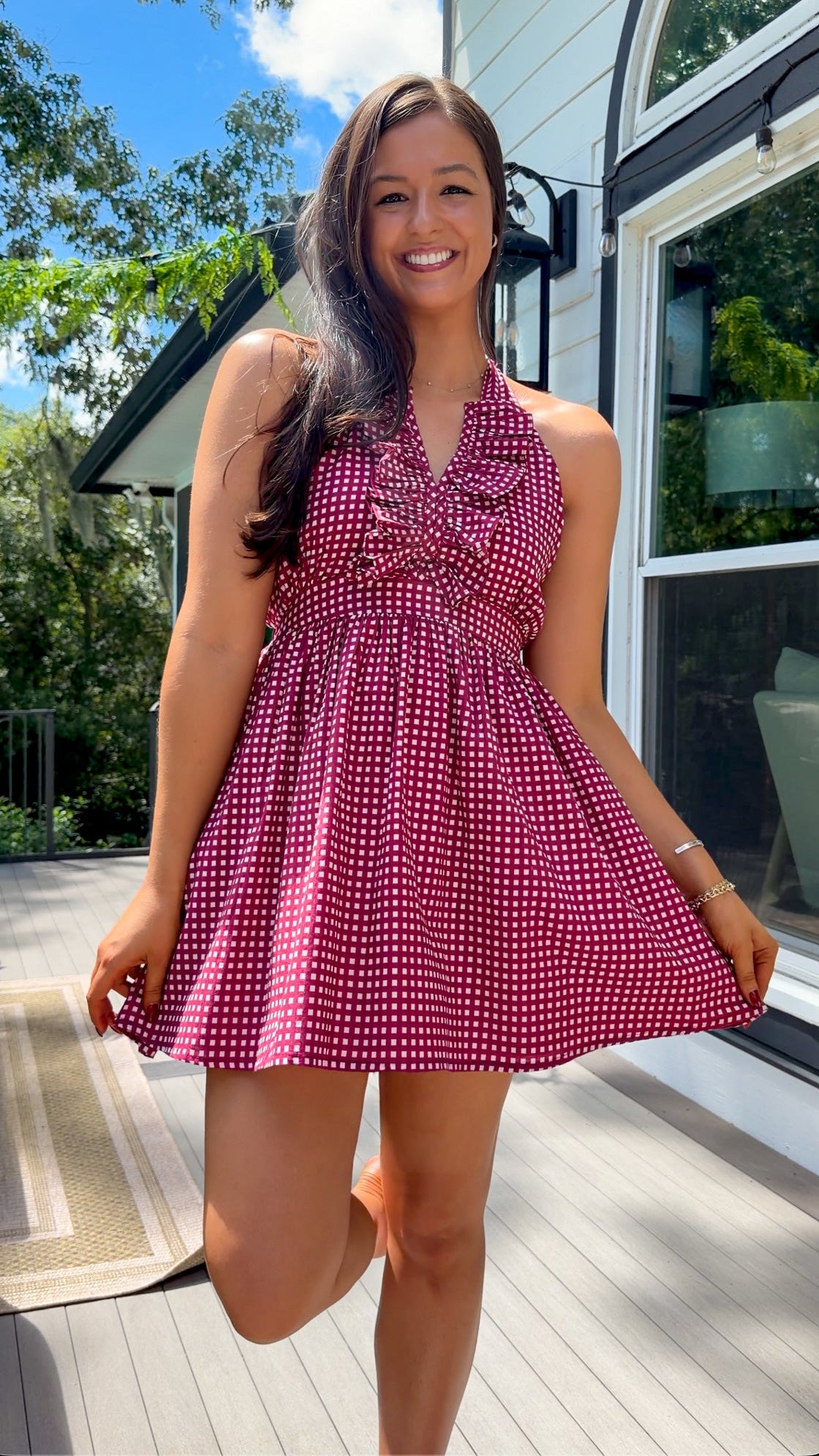 burgundy gingham halter neck mini dress with ruffle detail stretch elastic open back dress