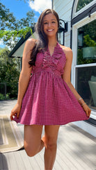 burgundy gingham halter neck mini dress with ruffle detail stretch elastic open back dress