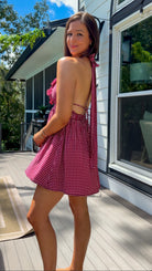 burgundy gingham halter neck mini dress with ruffle detail stretch elastic open back dress