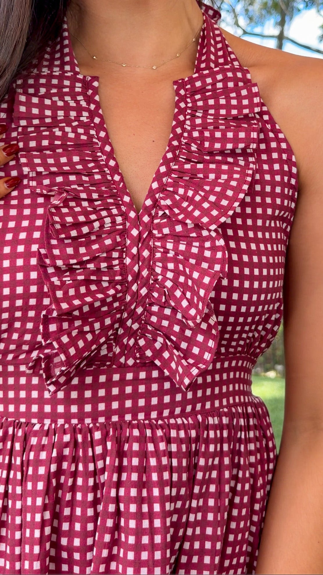 burgundy gingham halter neck mini dress with ruffle detail stretch elastic open back dress