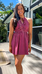 burgundy gingham halter neck mini dress with ruffle detail stretch elastic open back dress