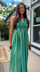 green striped halter neck midi dress ruffle neckline tie closure back 