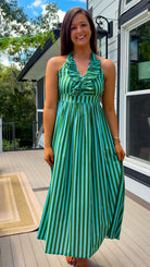 green striped halter neck midi dress ruffle neckline tie closure back 