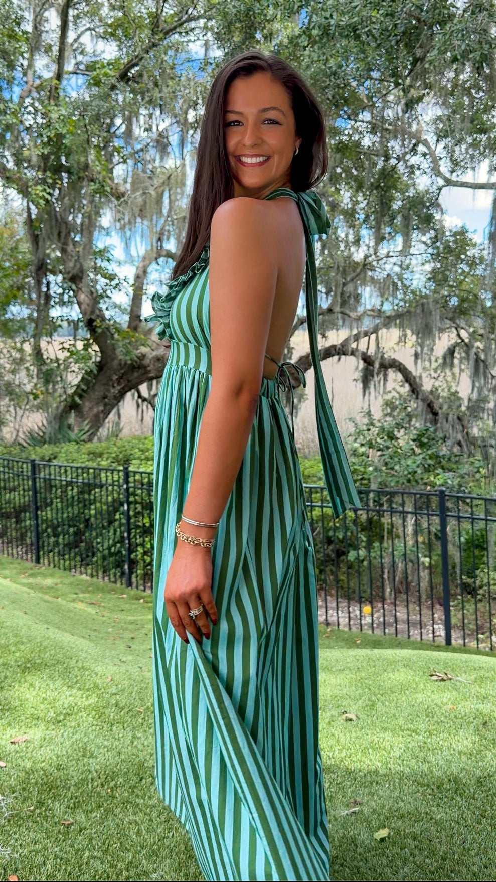 green striped halter neck midi dress ruffle neckline tie closure back 