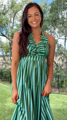 green striped halter neck midi dress ruffle neckline tie closure back 