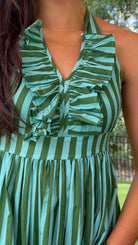 green striped halter neck midi dress ruffle neckline tie closure back 