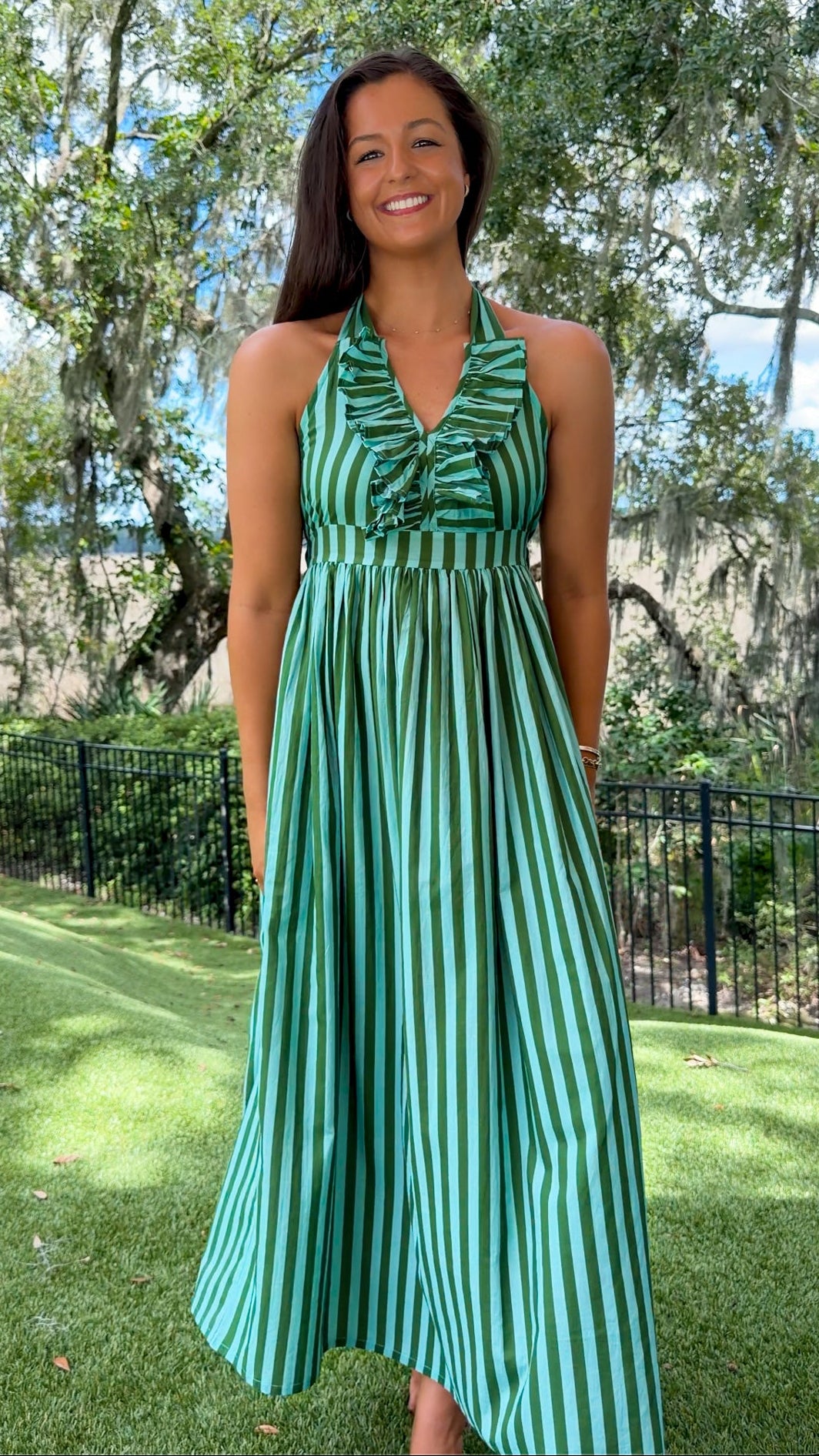 green striped halter neck midi dress ruffle neckline tie closure back 