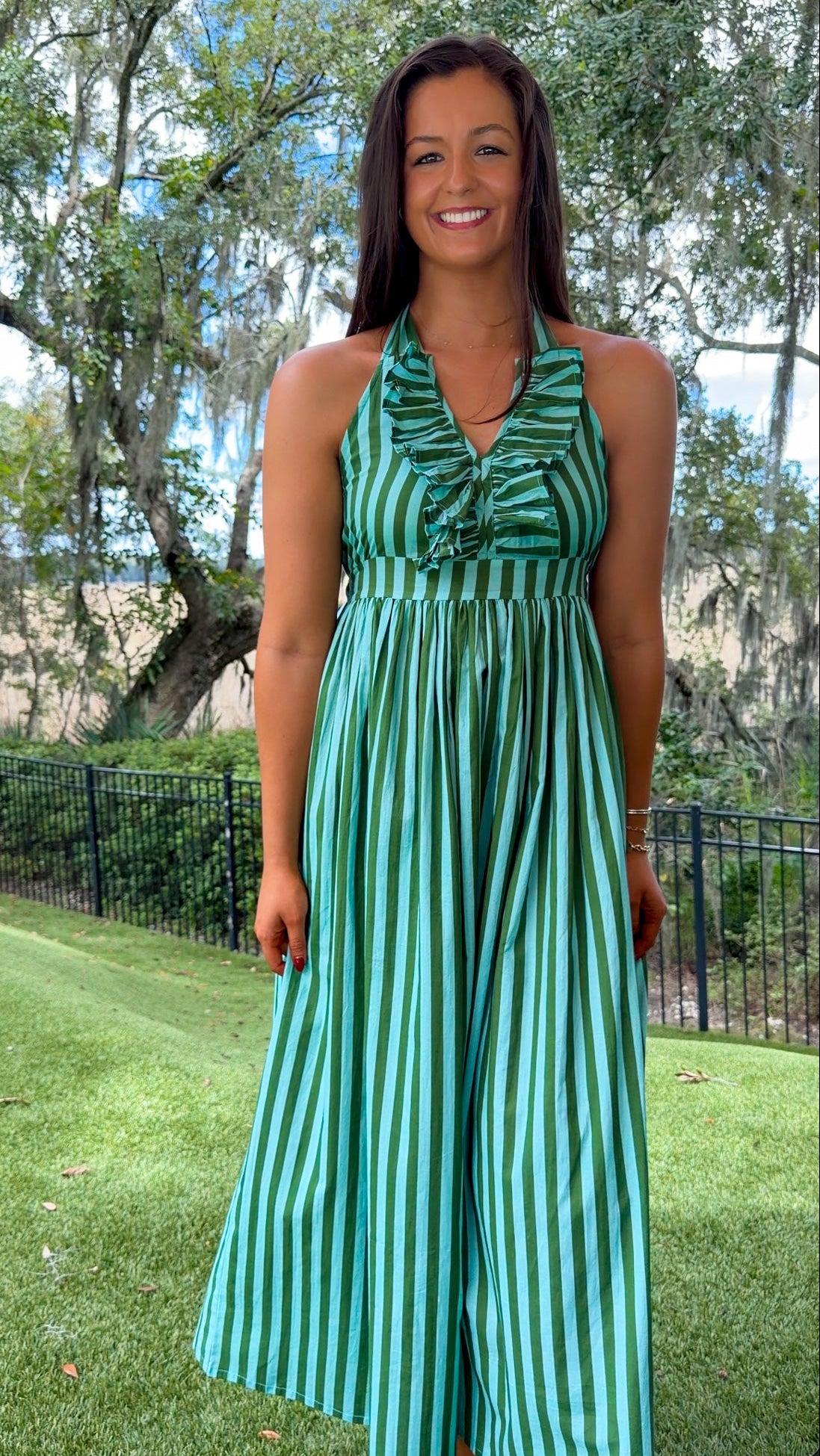 green striped halter neck midi dress ruffle neckline tie closure back 