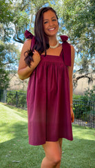 burgundy tie strap bow sleeve mini babydoll dress women's mini dress