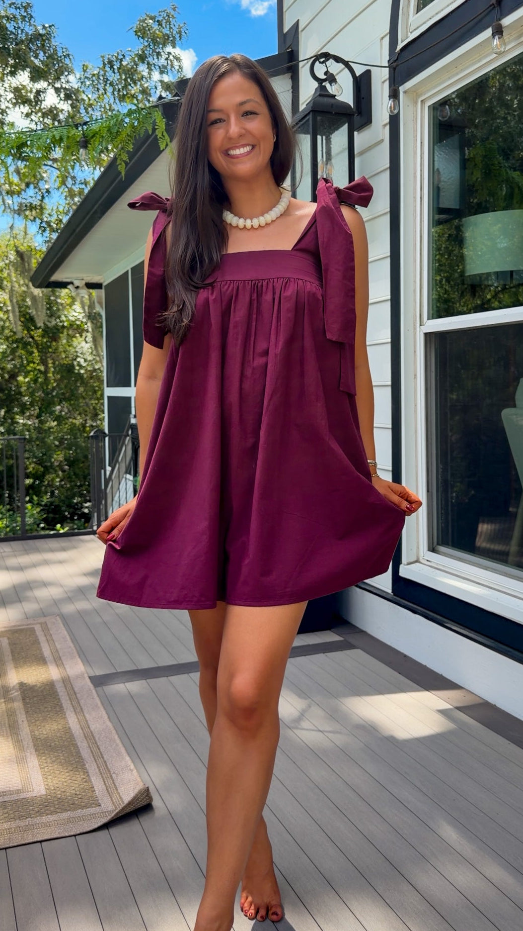 burgundy tie strap bow sleeve mini babydoll dress women's mini dress