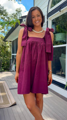 burgundy tie strap bow sleeve mini babydoll dress women's mini dress