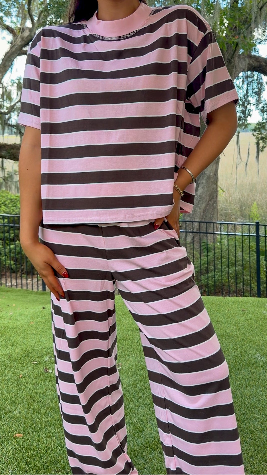 Pink & Brown Stripe Pant Set