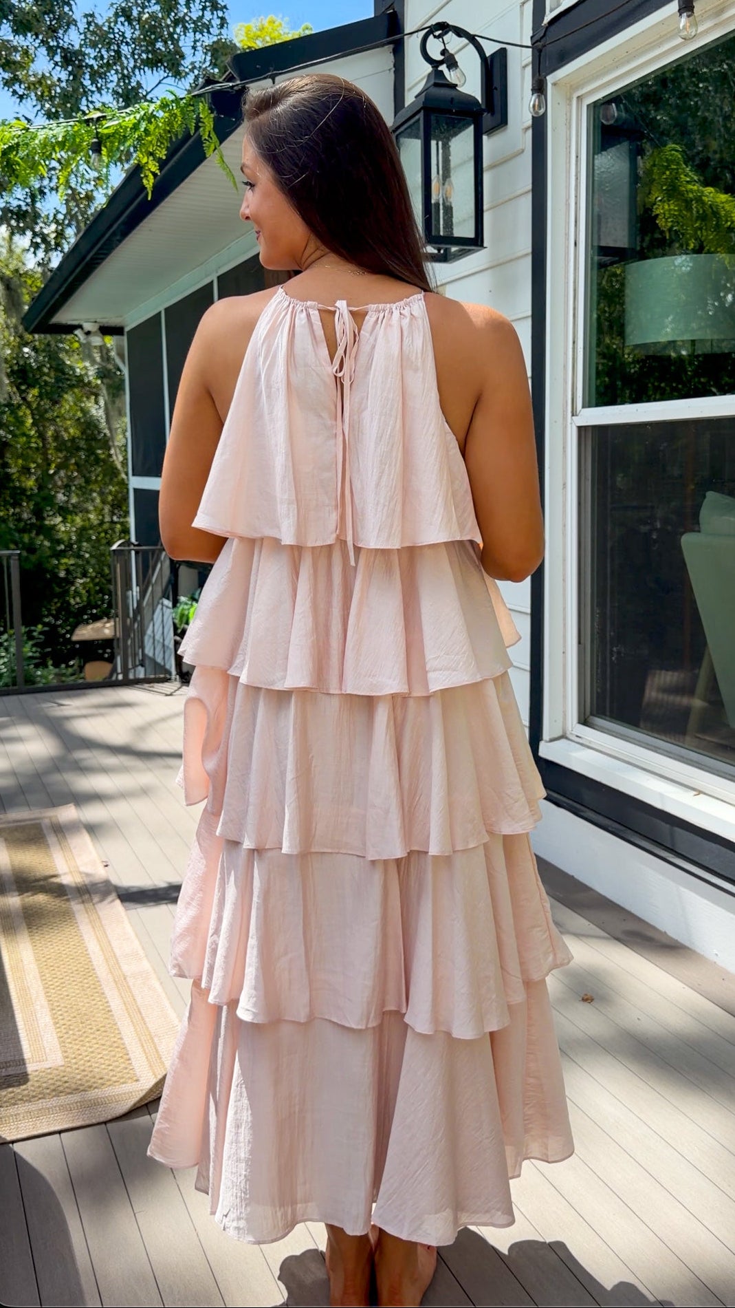Light Pink Ruffle Tiered Halter Midi Dress
