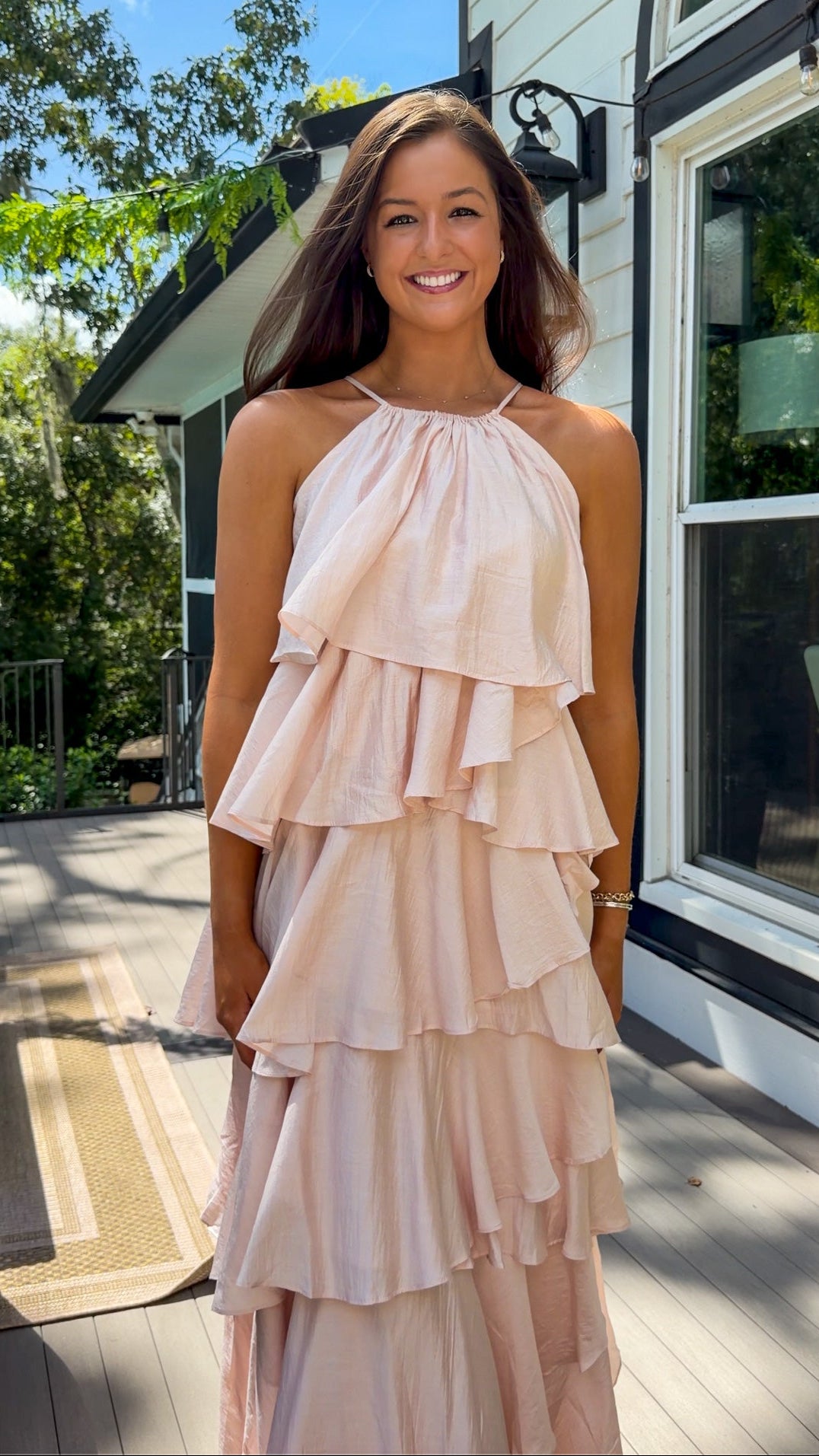 Light Pink Ruffle Tiered Halter Midi Dress