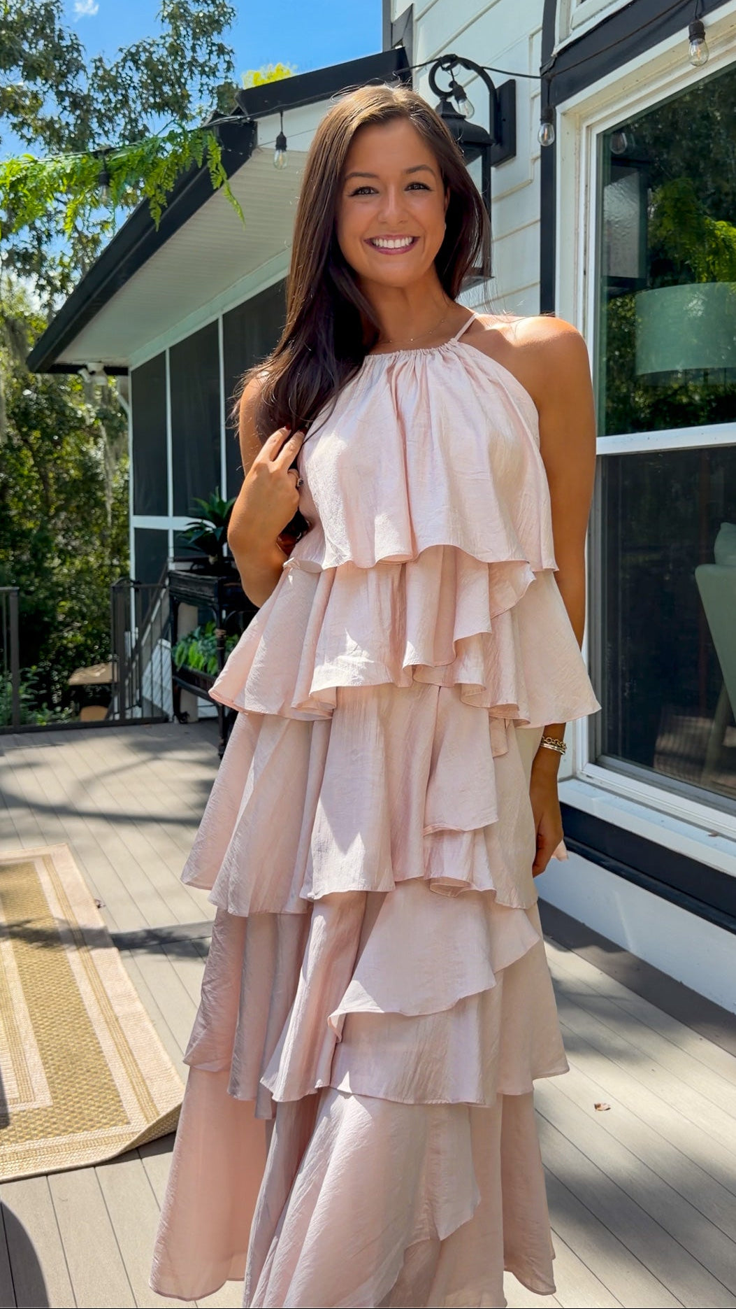 Light Pink Ruffle Tiered Halter Midi Dress
