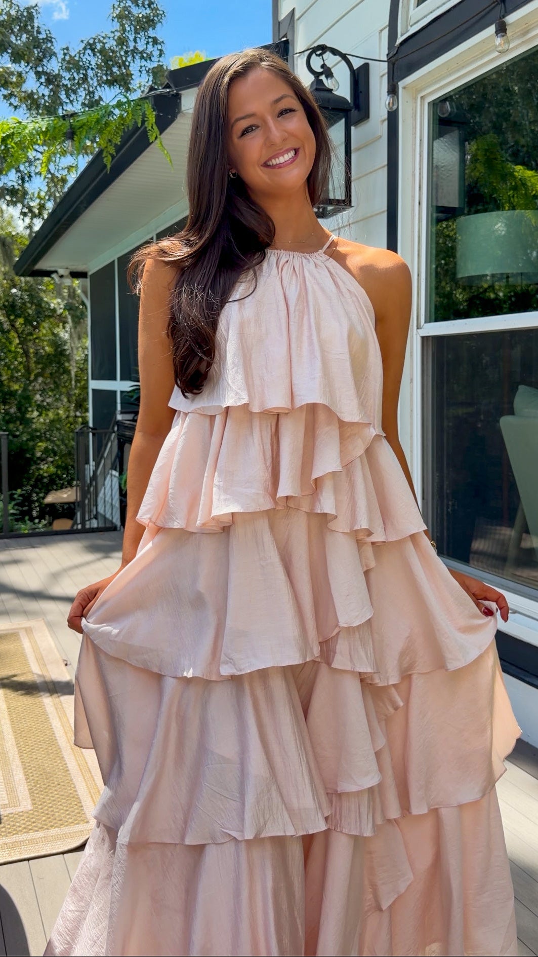 Light Pink Ruffle Tiered Halter Midi Dress