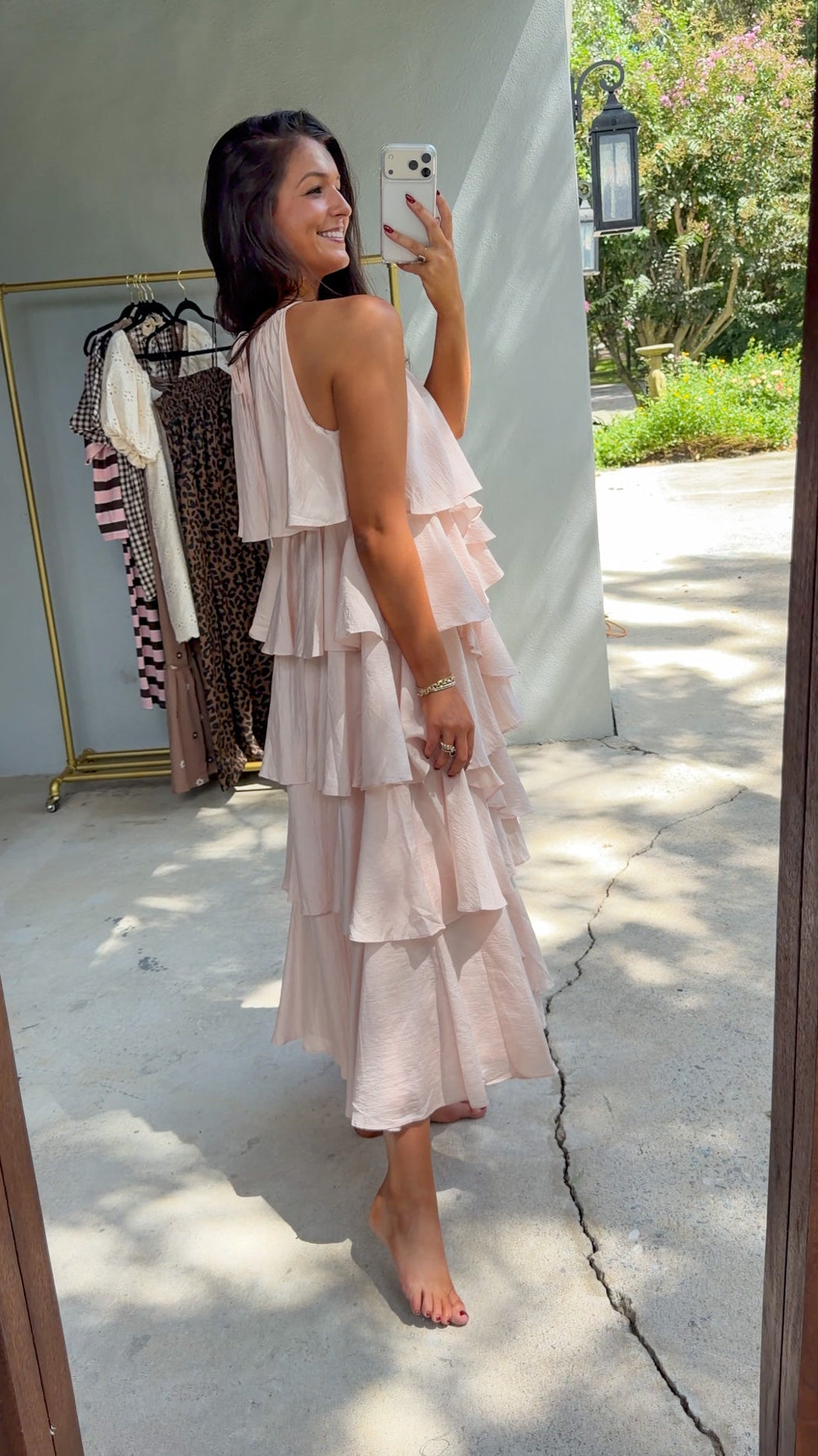 Light Pink Ruffle Tiered Halter Midi Dress